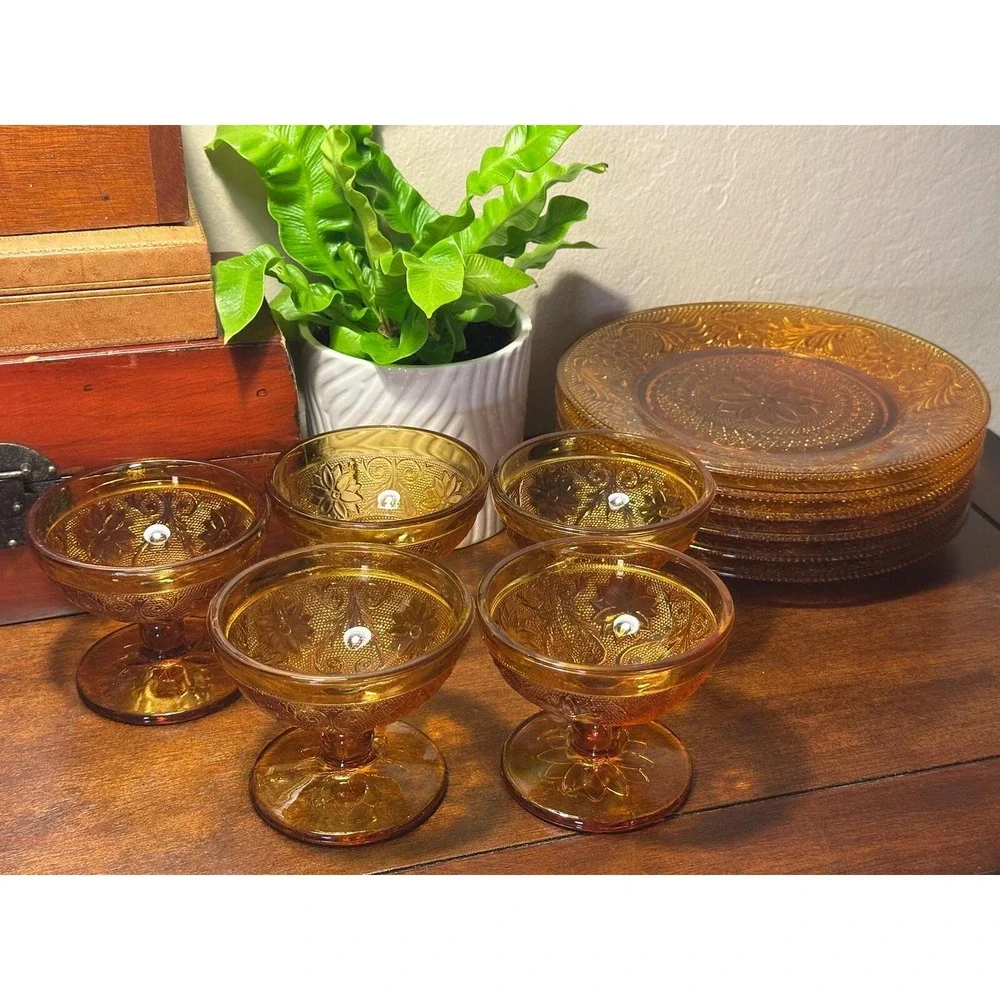 Vintage Amber Glass Dessert Set — 5 Sherbet Cups & 6 Plates, MCM Glassware